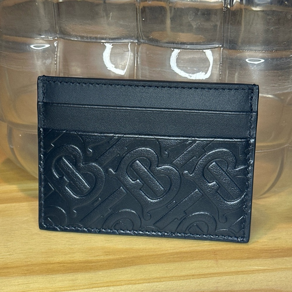 AUTHENTIC NEW Burberry TB Monogram BLACK Leather Card Holder Wallet